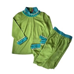 BURU Lime Green Teal Fringe Crochet Trim 2 Piece Set Tunic Wide Leg Pants Medium